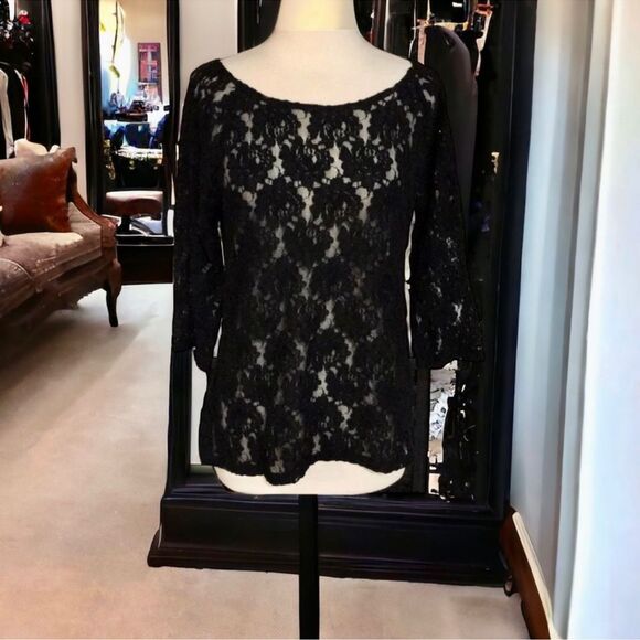 Joe Fresh Black Floral Lace Sheer Layering Top - Size Medium EUC Girly Boho - Picture 13 of 16